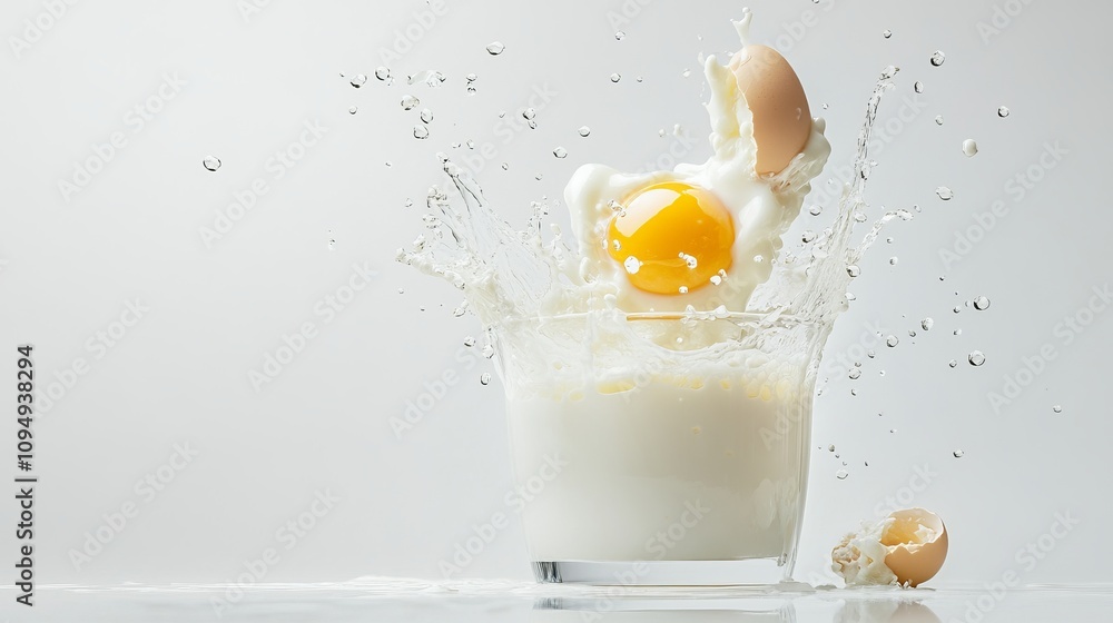 Glass of milk, splashes of milk, egg, white and yellow cheese on white background, copy space Glass of milk, splashes of milk, egg, white and yellow cheese on white background, copy space