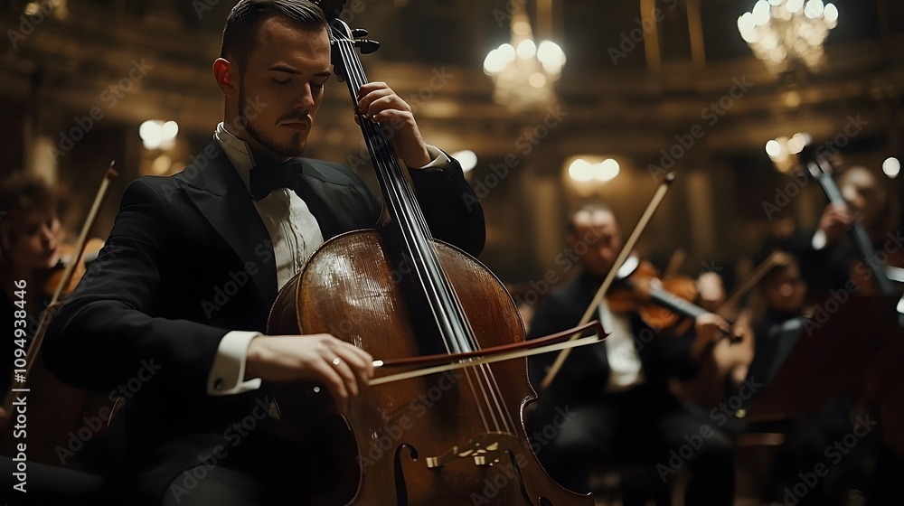 Fototapeta premium A musician playing the cello in an orchestra, emphasizing the craftsmanship and focus in a classical music performance