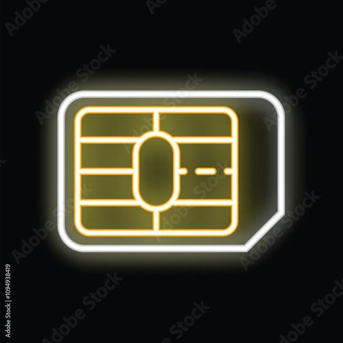 Yellow neon sim card glowing on a dark background, representing mobile communication and technology