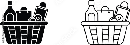 Grocery Shopping Basket Icons Filled and Outline Styles