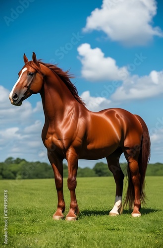 Chestnut Horse Standing in a Green Pasture