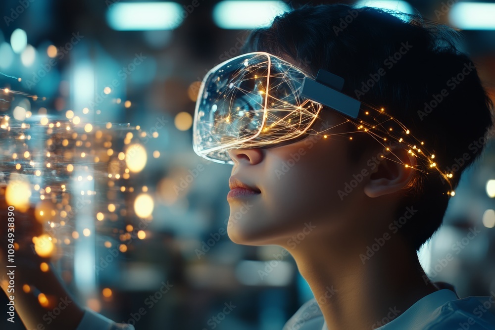 Close-up of an individual wearing high-tech VR goggles, surrounded by vibrant, glowing network-like lights, exploring a digital environment in virtual reality. Close-up of an individual wearing high-tech VR goggles, surrounded by vibrant, glowing network-like lights, exploring a digital environment in virtual reality.