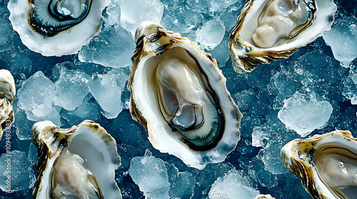 Close-up View of Fresh Oysters on a Bed of Ice, Capturing the Delicate Texture and Pearlescent Sheen of the Shells, with a Cool Blue Background.