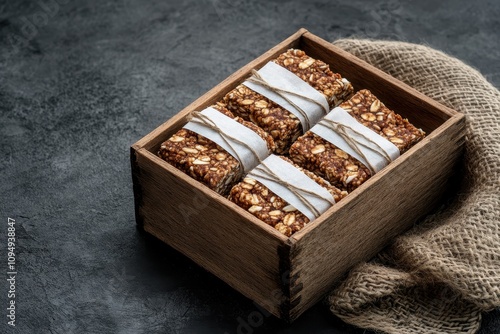 Granola Bars in Wooden Box with Rustic Cloth photo