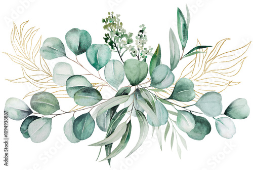 Bouquet with green and golden watercolor eucalyptus leaves, wedding isolated illustration photo