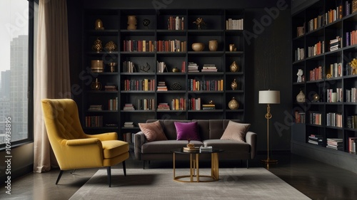 Here's a and keyword list suitable for submitting the image to a stock photo site.. Luxurious modern living room with dark bookshelves, gold accents, and a mustard armchair.