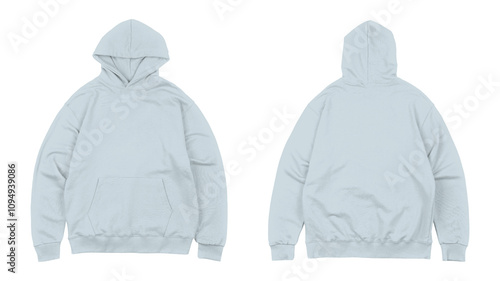 Front and back views of light blue plain hoodie are shown.