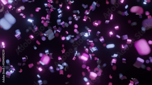 Colorful glittering glamour confetti falling against black background, shallow depth of field, loopable 3D animation in Ultra HD 4K  ProRes 4444