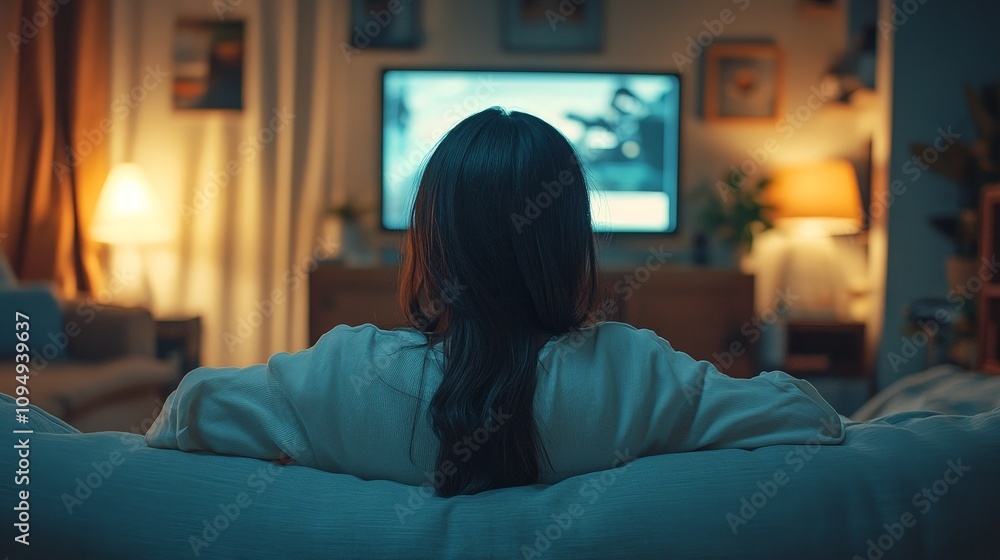 Woman Enjoying OTT Content on Smart TV in Cozy Setting Woman Enjoying OTT Content on Smart TV in Cozy Setting