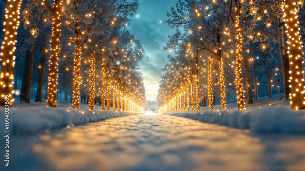 Sparkling winter pathway lined with glowing lights and snow. Sparkling winter pathway lined with glowing lights and snow.