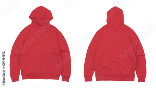 Red hoodies front and back views are shown.