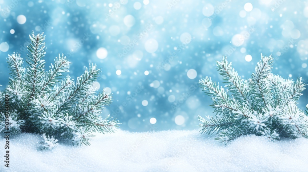 Snowy Fir Tree Branches on Blue Winter Background With Sparkling Bokeh And Snowdrifts Snowy Fir Tree Branches on Blue Winter Background With Sparkling Bokeh And Snowdrifts