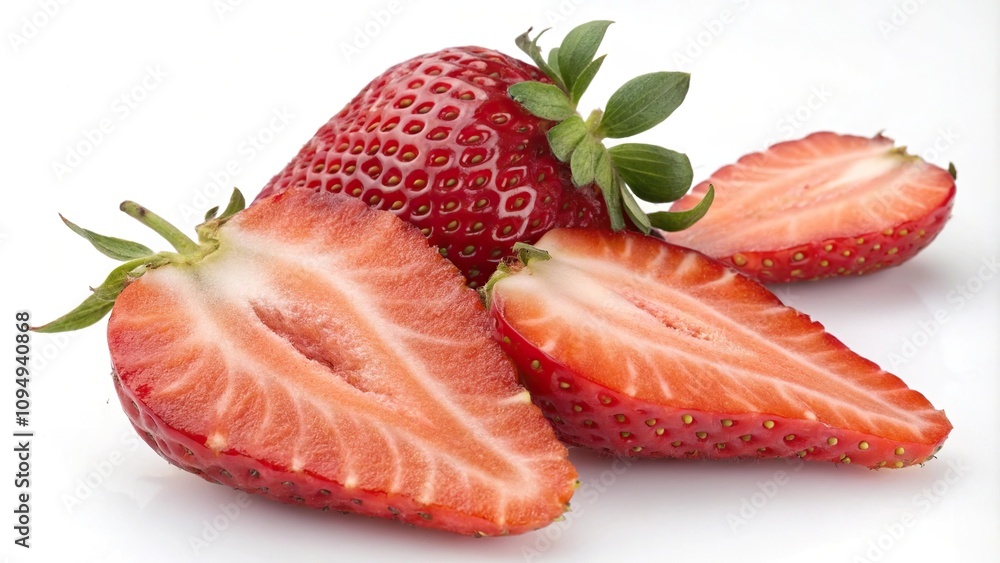Fresh strawberries sliced in half to reveal their juicy interior, produce, fruit, preparation Fresh strawberries sliced in half to reveal their juicy interior, produce, fruit, preparation