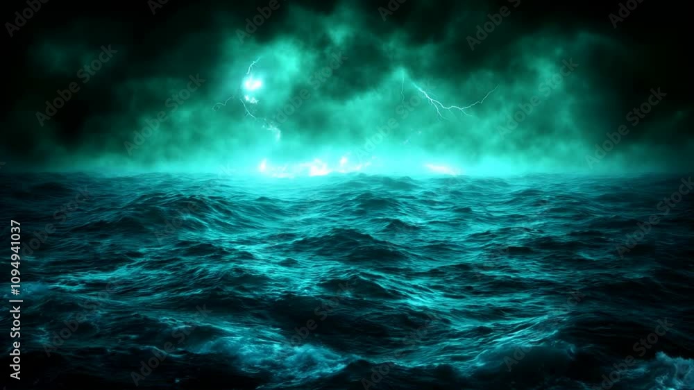 Dramatic Turbulent Ocean Surface Under Dark Stormy Skies with Bright Lightning Strikes and Enigmatic Greenish Blue Hues Illustrating Nature's Raw Power and Intensity Dramatic Turbulent Ocean Surface Under Dark Stormy Skies with Bright Lightning Strikes and Enigmatic Greenish Blue Hues Illustrating Nature's Raw Power and Intensity