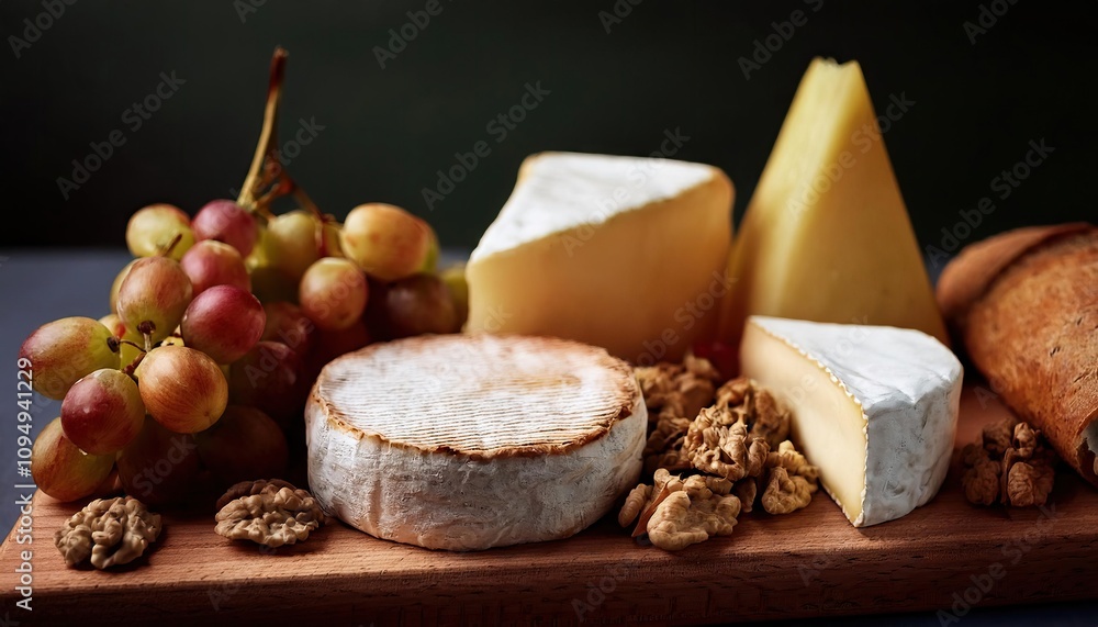 A rustic wooden board presents a delightful assortment of cheeses, a crusty baguette, grapes, and walnuts A rustic wooden board presents a delightful assortment of cheeses, a crusty baguette, grapes, and walnuts