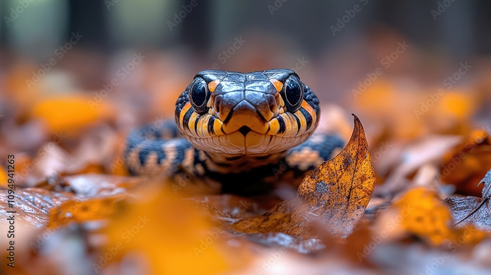 Fototapeta premium A close-up of a snake among autumn leaves, showcasing its vibrant colors and textures.