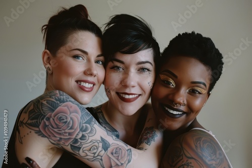 Three diverse women smiling and posing together for the camera, showcasing their unique beauty and diversity