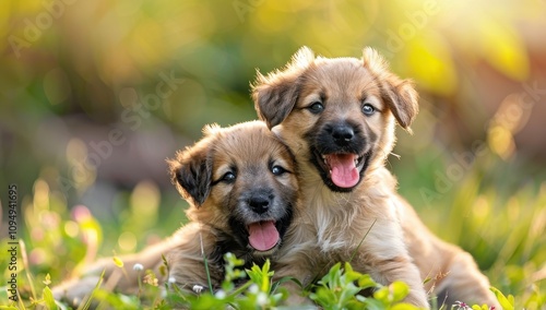 Two happy puppies playing in the grass