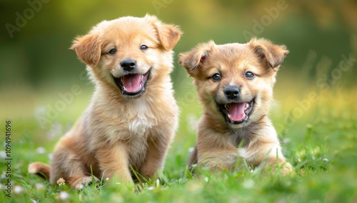 Two happy puppies playing in the grass