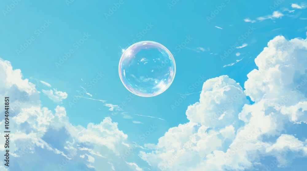 a single soap bubble floating high against a blue sky with soft clouds, dreamy a single soap bubble floating high against a blue sky with soft clouds, dreamy