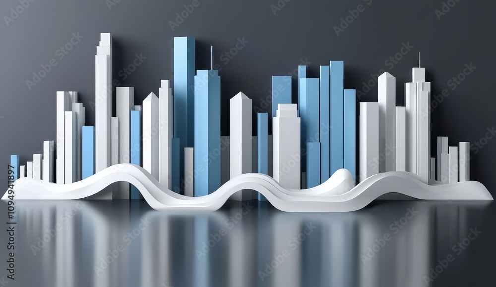 Simplified city skyline with buildings in monochrome blue and white, reflecting on water surface, high resolution, large canvas sizes, perfect for wall art or poster display Simplified city skyline with buildings in monochrome blue and white, reflecting on water surface, high resolution, large canvas sizes, perfect for wall art or poster display