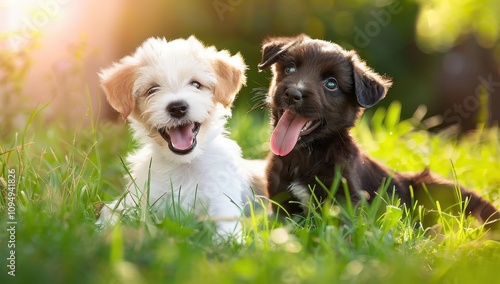 Two happy puppies playing in the grass, with one puppy showing its tongue and laughing