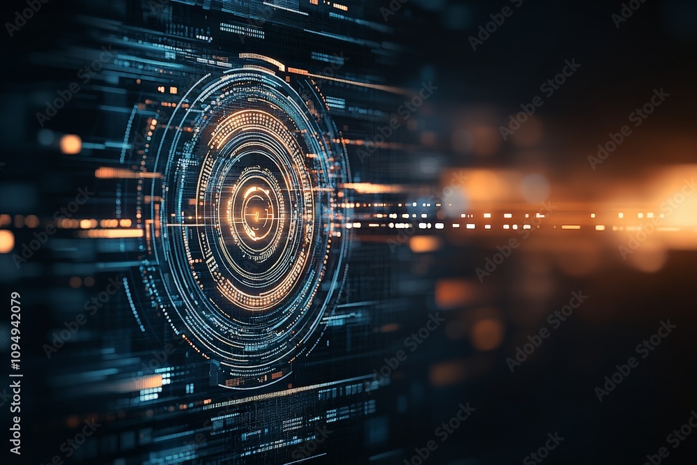 Fototapeta premium A high-tech circular digital interface glows with intricate electrical patterns, symbolizing advanced technology and futuristic design, amidst a dark backdrop.