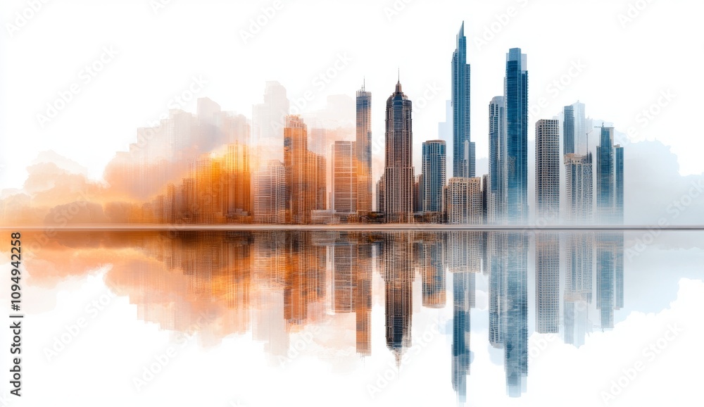 Fototapeta premium Modern city with glass buildings at sunset, wide empty square with reflections and skyscrapers in perspective