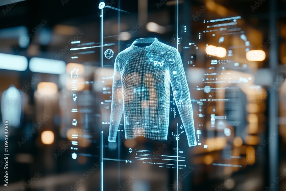 A digital hologram of a sweater displayed in a futuristic setting, demonstrating the innovation in fashion technology and digital retail experiences. A digital hologram of a sweater displayed in a futuristic setting, demonstrating the innovation in fashion technology and digital retail experiences.