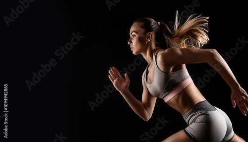  athletic, woman sprinter, running on black background wearing in the sportswear photo