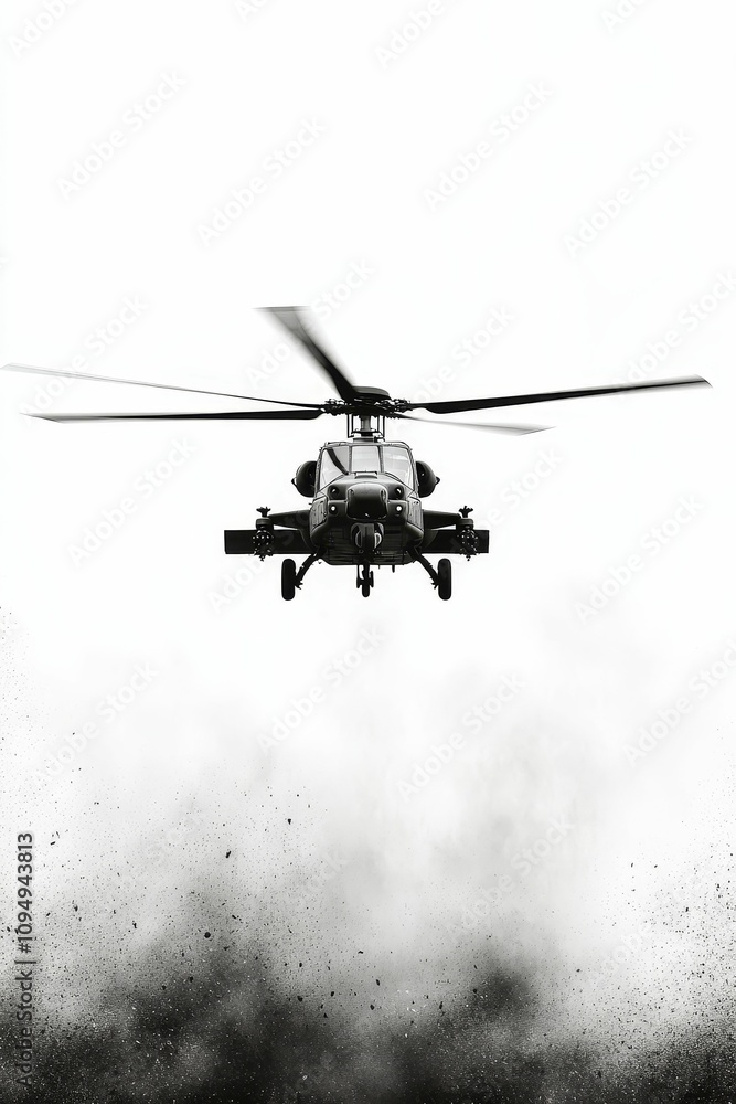 Fototapeta premium Black and white helicopter, dust cloud, takeoff.