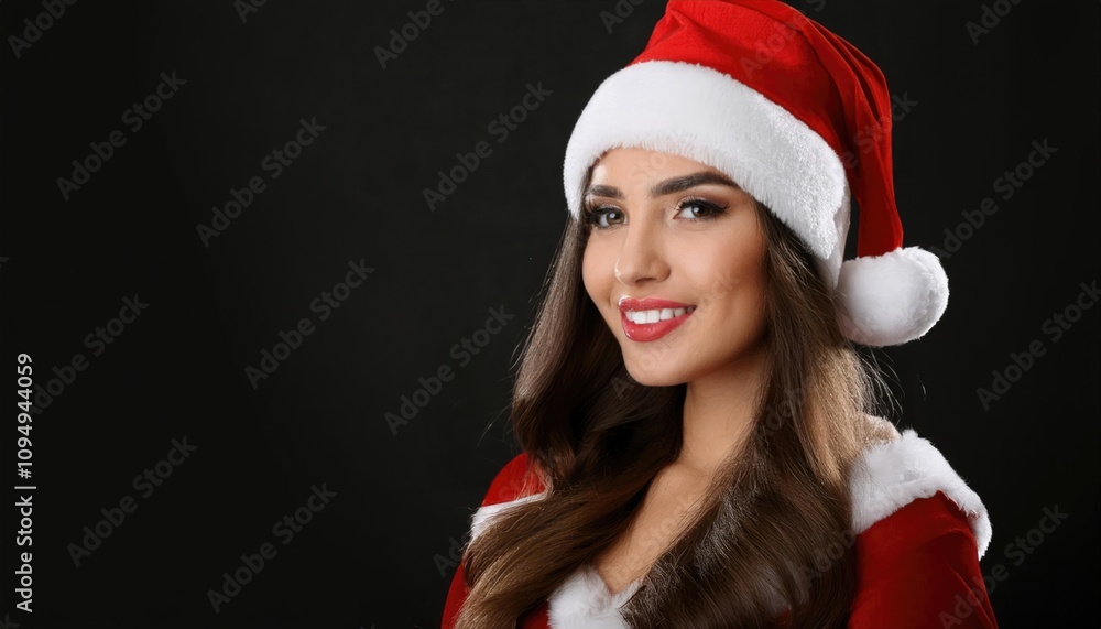 woman wearing Santa claus costume and hat on dark background woman wearing Santa claus costume and hat on dark background