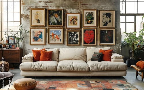 Cream sofa with orange pillows below a gallery wall in a loft. photo