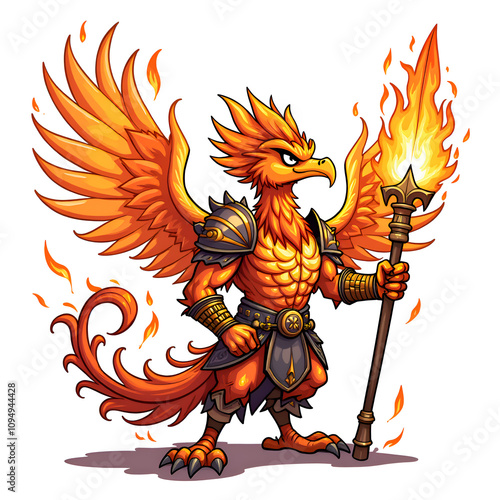 Mythical firebird warrior with fiery armor and a torch, radiating power and strength, digital art of fantasy character concept. photo