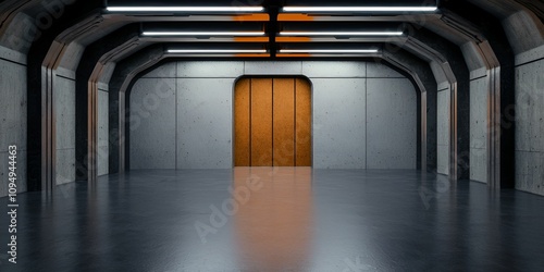 A modern  minimalist hallway featuring a central elevator with an orange door  illuminated by sleek overhead lights and a polished concrete floor.