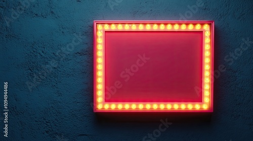 Red retro sign board with glowing light bulb frame on dark blue brock wall. Casino or theater show time blank photo