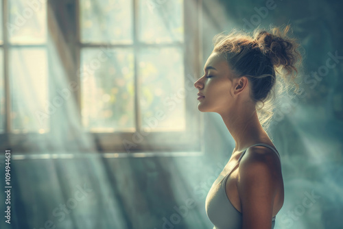 Backlit side portrait of a fitness girl in a meditative pose