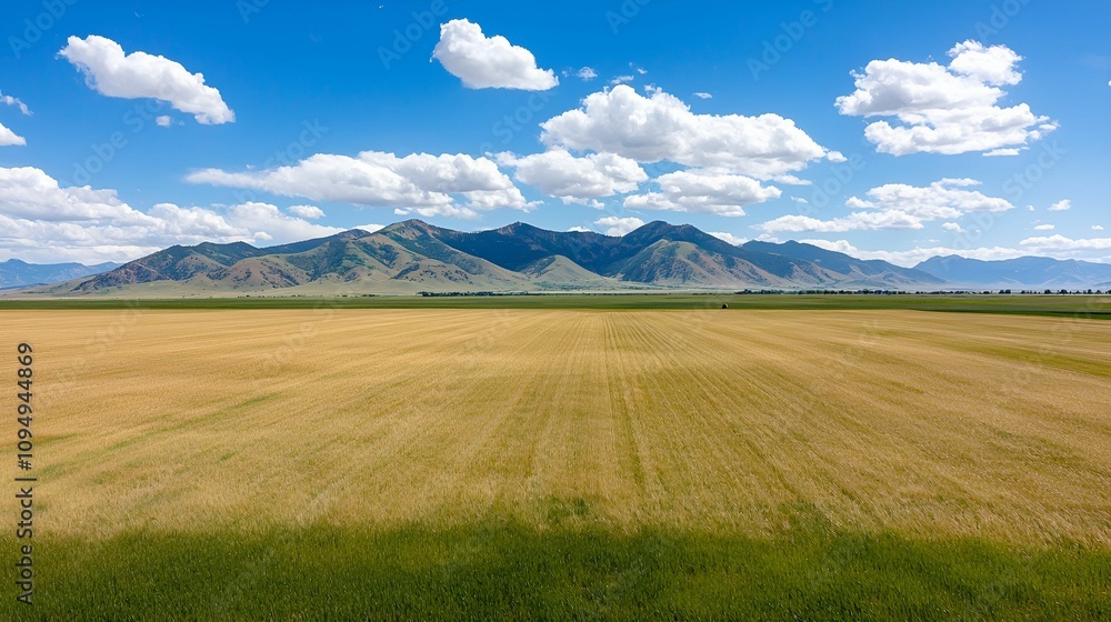 A scenic landscape featuring rolling fields under a bright blue sky with fluffy clouds and mountains in the background. A scenic landscape featuring rolling fields under a bright blue sky with fluffy clouds and mountains in the background.
