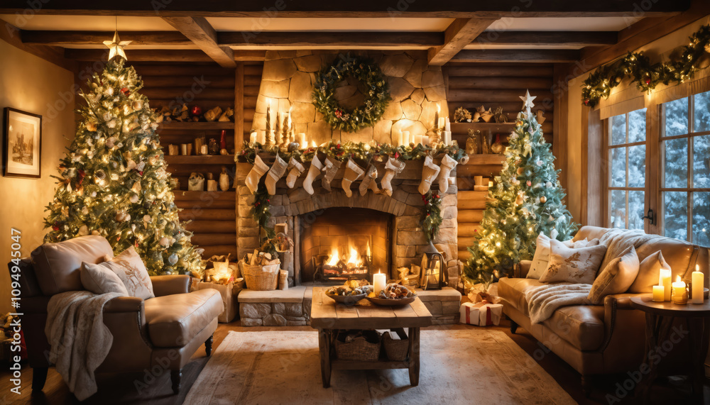 Rustic Christmas background on cabin interior with fireplace, wood and stone walls. Rustic Christmas background on cabin interior with fireplace, wood and stone walls.