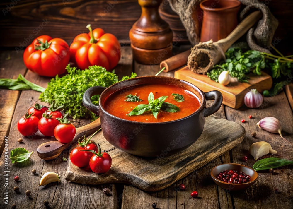 Cozy Tomato Soup with Fresh Herbs in a Cast Iron Pot to Enhance Your Culinary Experience of Comfort and Warmth for a Perfect Cozy Meal at Home Cozy Tomato Soup with Fresh Herbs in a Cast Iron Pot to Enhance Your Culinary Experience of Comfort and Warmth for a Perfect Cozy Meal at Home