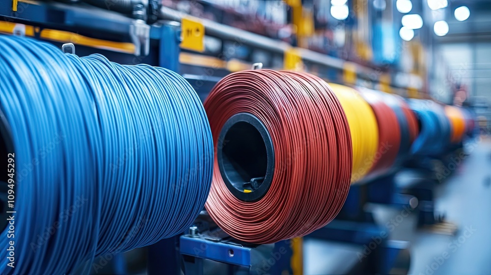 Obraz premium Rolls of industrial cables in black, orange, and blue, displayed in a manufacturing setting. close up