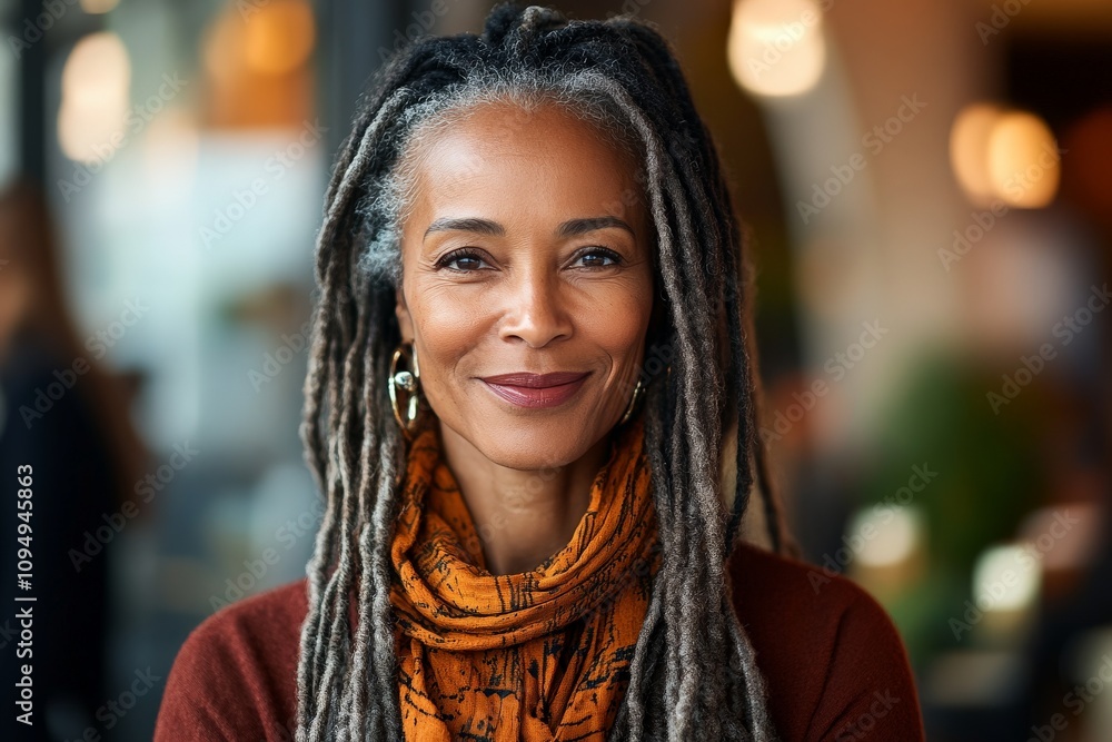 A striking woman with stylish dreadlocks and a colorful scarf smiling warmly at the camera, exuding confidence and grace in a contemporary setting. A striking woman with stylish dreadlocks and a colorful scarf smiling warmly at the camera, exuding confidence and grace in a contemporary setting.