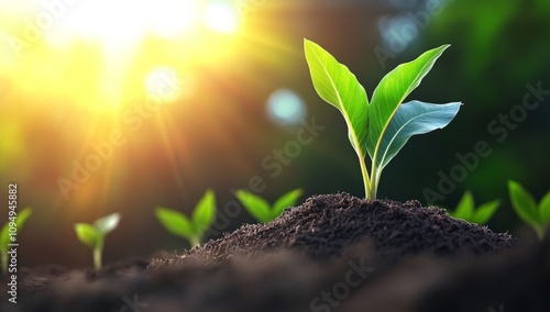 Tractor plowing the field with green corn seedlings growing in rows on a farm background