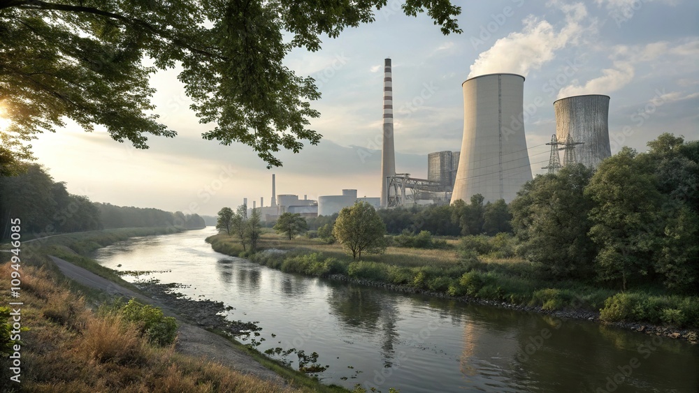 Landscape view of a coal-fired power station with trees beside the riverbank, pollution, trees, coal power plant, landscape Landscape view of a coal-fired power station with trees beside the riverbank, pollution, trees, coal power plant, landscape