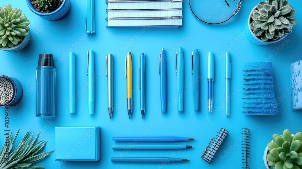 A collection of blue stationery items arranged on a blue background for a cohesive aesthetic. A collection of blue stationery items arranged on a blue background for a cohesive aesthetic.