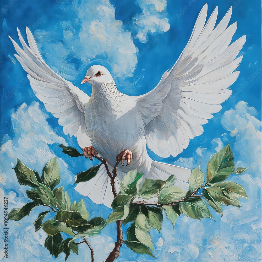 Obraz premium White Dove Flying In Blue Clouds As A Symbol Of Peace And Love, Generative AI