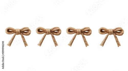 set of brown twine ribbons with bows isolated on transparent background, gift wrap decoration design