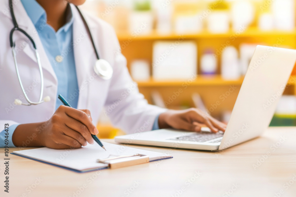 Close-up of a doctor's hands writing notes on a clipboard while working on a laptop in a brightly lit clinic, highlighting medical professionalism and multitasking.. Close-up of a doctor's hands writing notes on a clipboard while working on a laptop in a brightly lit clinic, highlighting medical professionalism and multitasking..