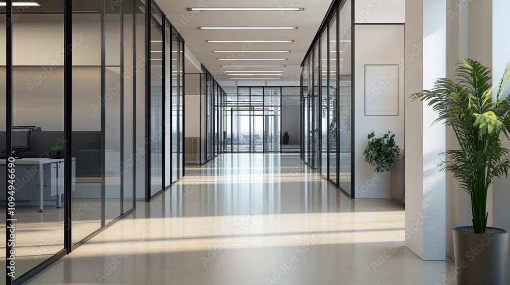 Obraz premium Defocused background image of a spacious hallway in a modern office.