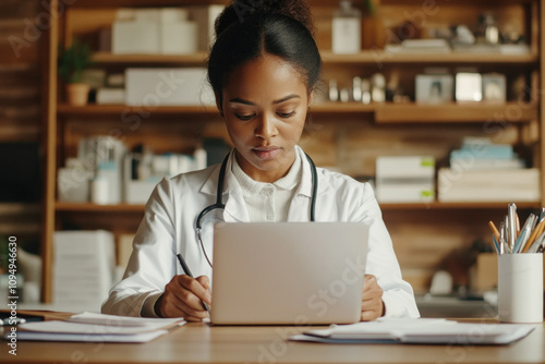 Focused African American female doctor working on a laptop in a modern clinic with bookshelves in the background, emphasizing technology and dedication in medical professions..